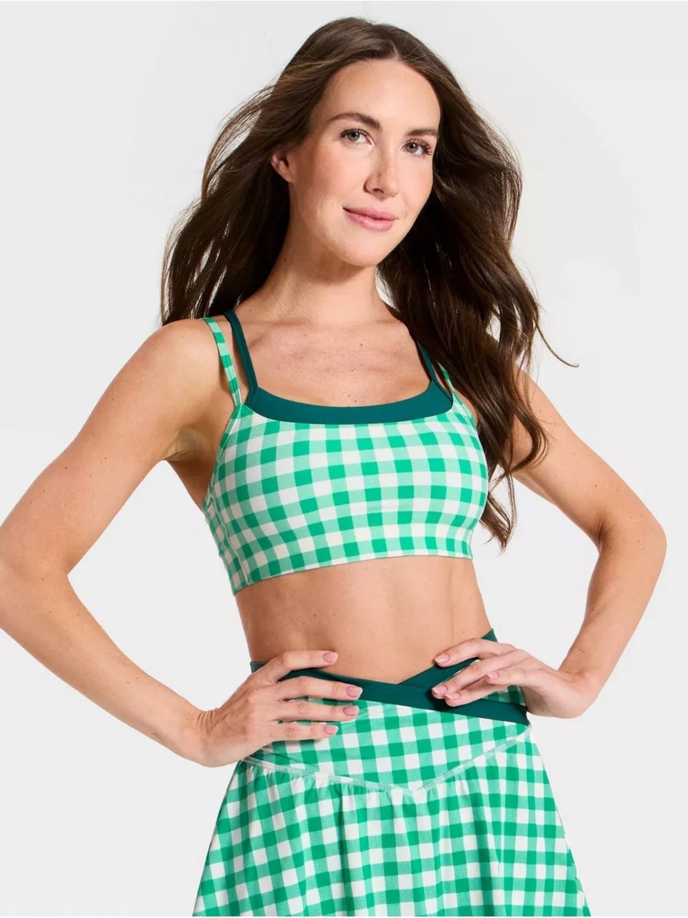 All in MotionCrossover Waistband Skort & Strappy Sports Bra Green Gingham Set
